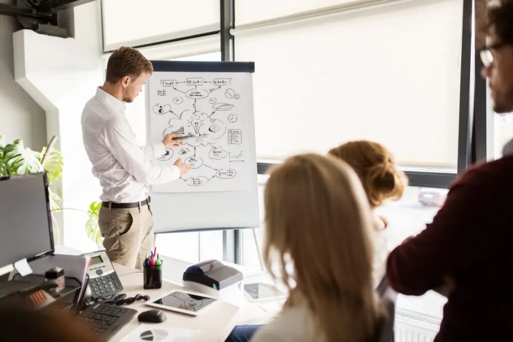 business team with scheme on flipboard at office