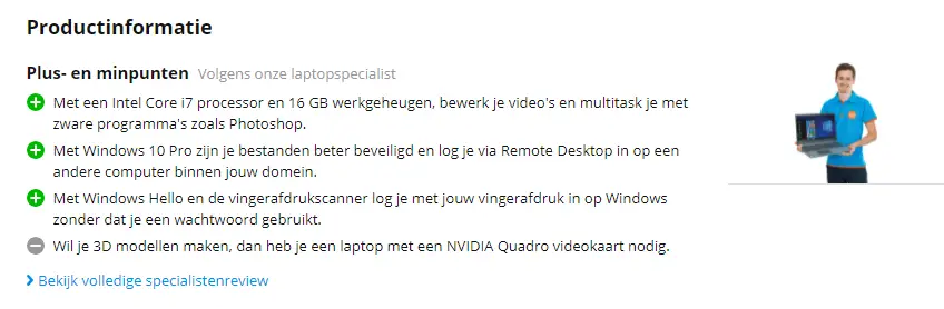Product pagina in WooCommerce - Voor en nadelen van het product - Een voorbeeld van Coolblue.