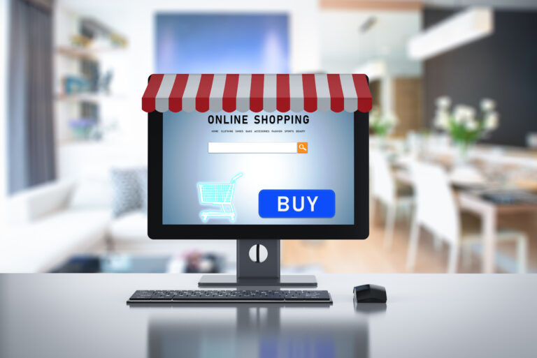 online shopping concept with 3d rendering desktop computer and awning