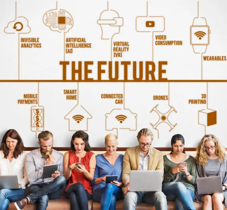 people sit with devices and future