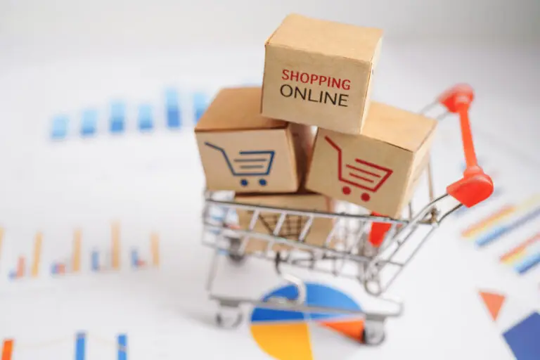 Online shopping, Shopping cart box on business graph, import export, finance commerce.