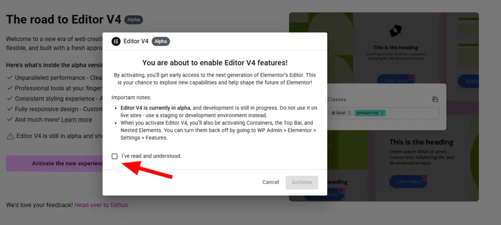 Een complete handleiding Classes met Elementor Editor 4 4 Dialoog voor bevestiging activatie Editor V4 in Elementor 3.29