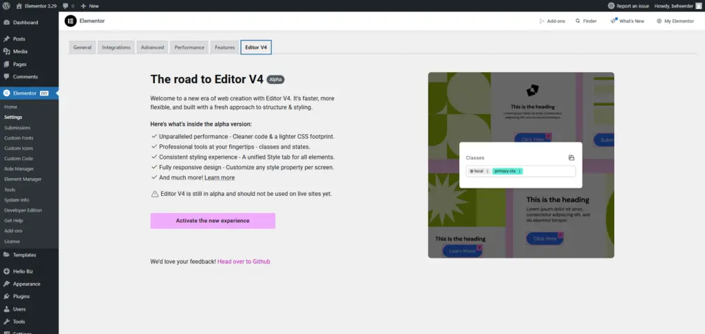 Een complete handleiding Classes met Elementor Editor 4 1 Screenshot voor het activeren van V4 editor in Elementor 3.29