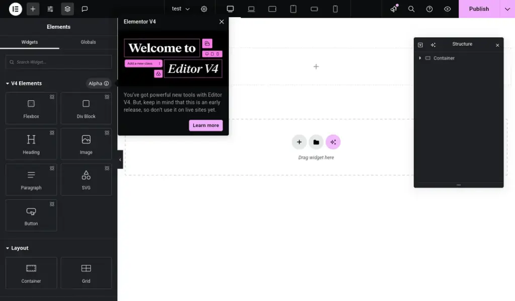 Elementor 4.0 komt er nu echt aan! Werp een eerste blik! 1 Preview van Elementor 4 - Overview nieuwe editor