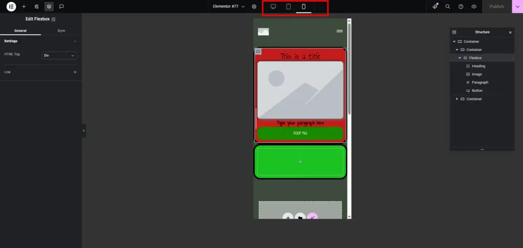 Een complete handleiding Classes met Elementor Editor 4 24 Mobiele layout van het ontwerp tot nu toe.