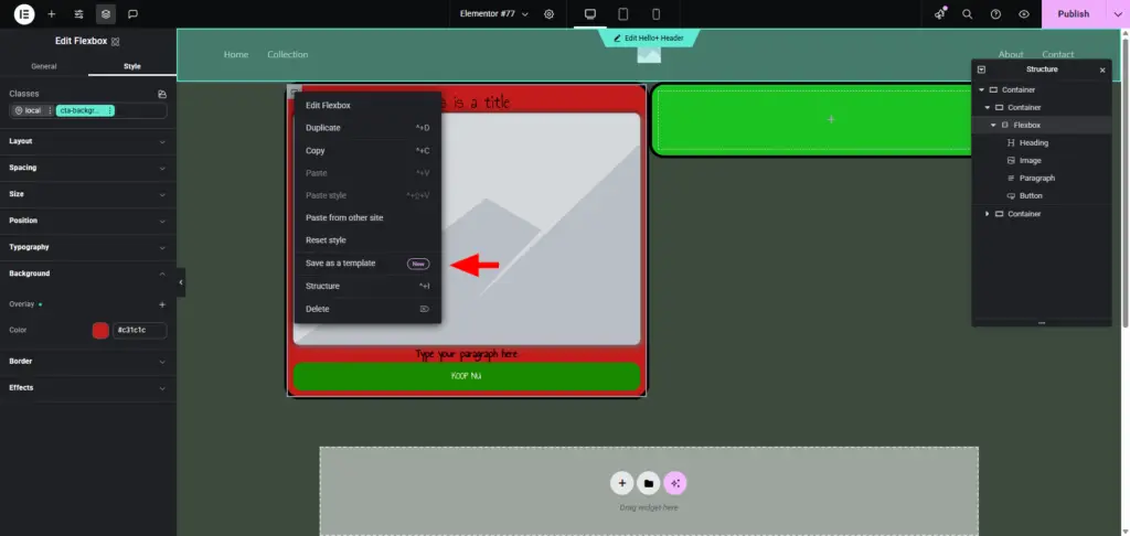 Een complete handleiding Classes met Elementor Editor 4 26 De Save as Template option in de Elementor V4 editor