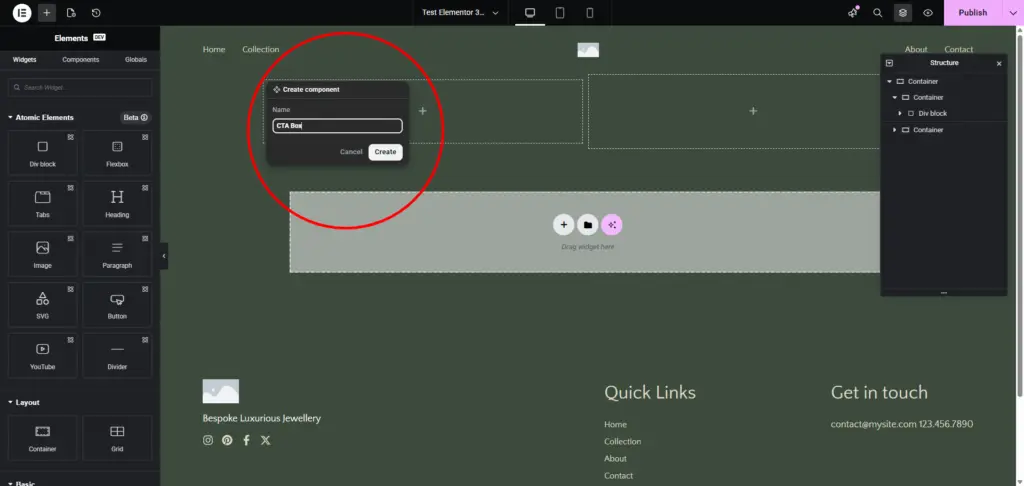 Geef het Elementor 4.0 component een naam