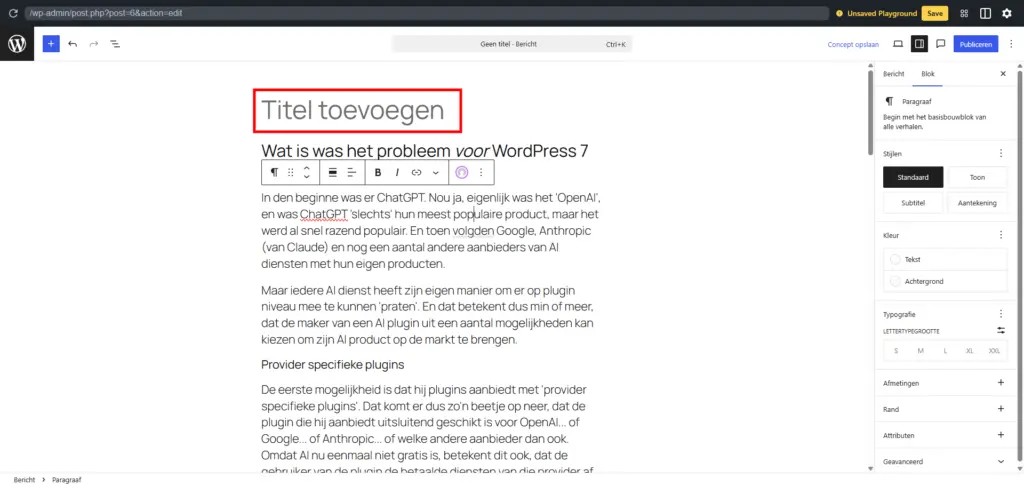 WordPress 7 en AI - Hoe zit dit nu precies? 4 WordPress 7 en AI : Titel toevoegen
