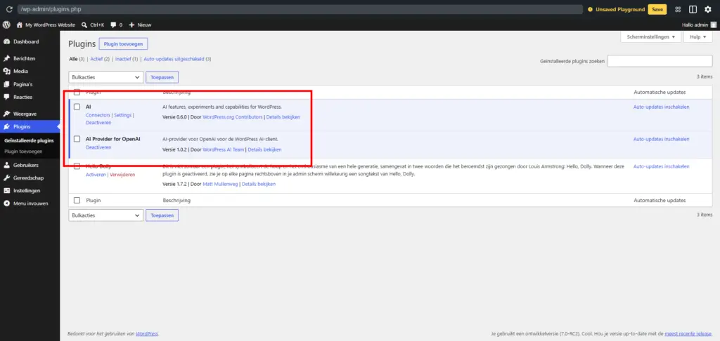 WordPress 7 en AI - Hoe zit dit nu precies? 3 Geïnstalleerde AI plugins - WordPress 7 en AI