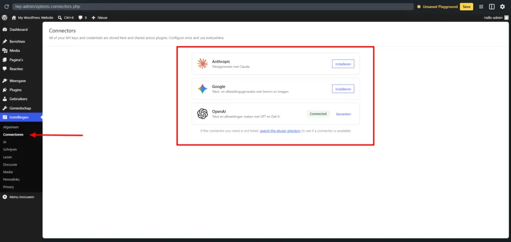 WordPress 7 en AI - Hoe zit dit nu precies? 2 Wordpress 7 en AI - Connectoren vinden en activeren