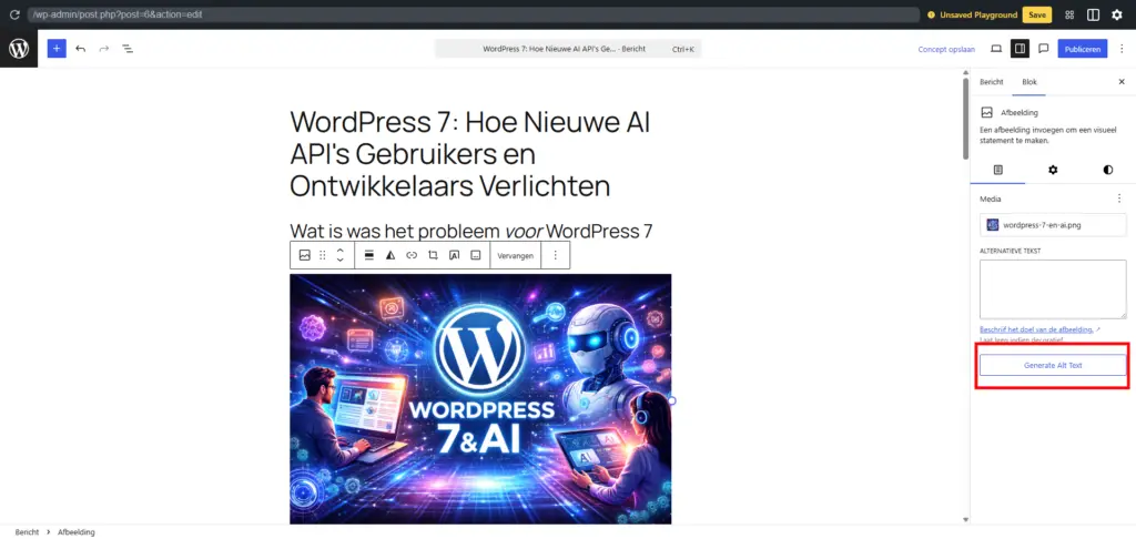 WordPress 7 en AI - Hoe zit dit nu precies? 9 WordPress 7 en AI : Generate Alt-text knop