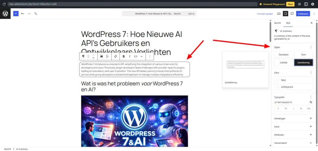 WordPress 7 en AI - Hoe zit dit nu precies? 8 Voorbeeld van een samenvatting voor WordPress 7 AI