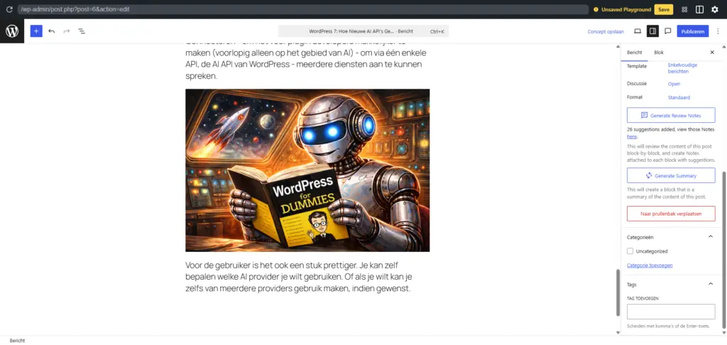 WordPress 7 en AI - Hoe zit dit nu precies? 13 WordPress for Dummies - AI gegenereerde afbeelding van een robot, die een boek over WordPress leest.