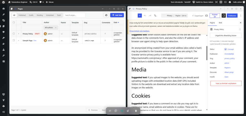 Twee vensters open in WordPress Desktop