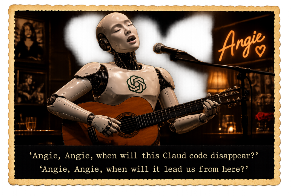 Mijn eerste date met Elementor's 'Angie Code AI' 1 Uitgelichte afbeelding voor een artikel over 'Angie AI' van Elementor. Een robot zingt het lied 'Angie' van de Rolling stones, maar de tekst is net iets anders...
