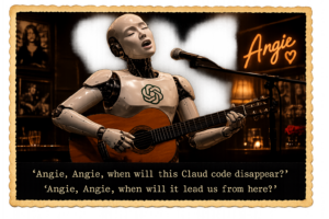Uitgelichte afbeelding voor een artikel over 'Angie AI' van Elementor. Een robot zingt het lied 'Angie' van de Rolling stones, maar de tekst is net iets anders...