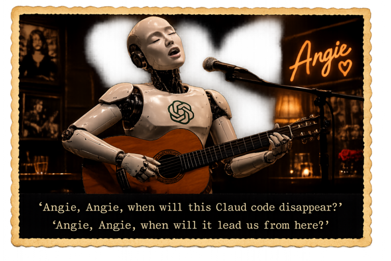 Uitgelichte afbeelding voor een artikel over 'Angie AI' van Elementor. Een robot zingt het lied 'Angie' van de Rolling stones, maar de tekst is net iets anders...