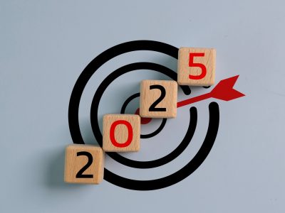 2025 Year on wooden cubes with target icon. Goal, Target, Resolution, strategy, plan, Action,