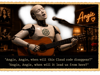 Uitgelichte afbeelding voor een artikel over 'Angie AI' van Elementor. Een robot zingt het lied 'Angie' van de Rolling stones, maar de tekst is net iets anders...