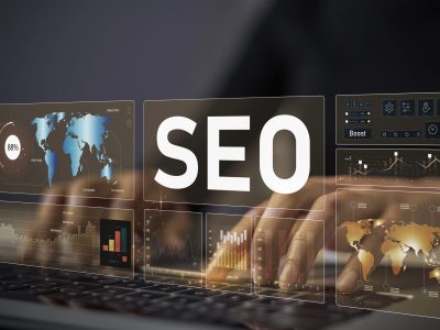 Online SEO en AI uitgebeeld in een afbeelding van een man aan het toetsenbord.