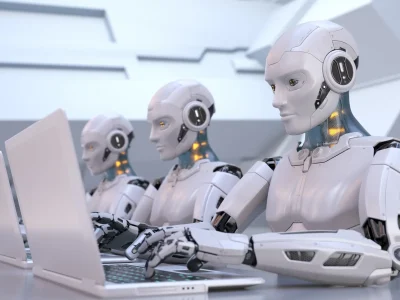 Robots working with laptop