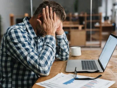 Unhappy grey man with headache working with laptop in office