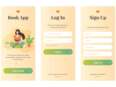 Log in, sign up web forms with the detailed description. Vector design. Pop up with buttons and inputs. Books application with the girl made in modern flat style.